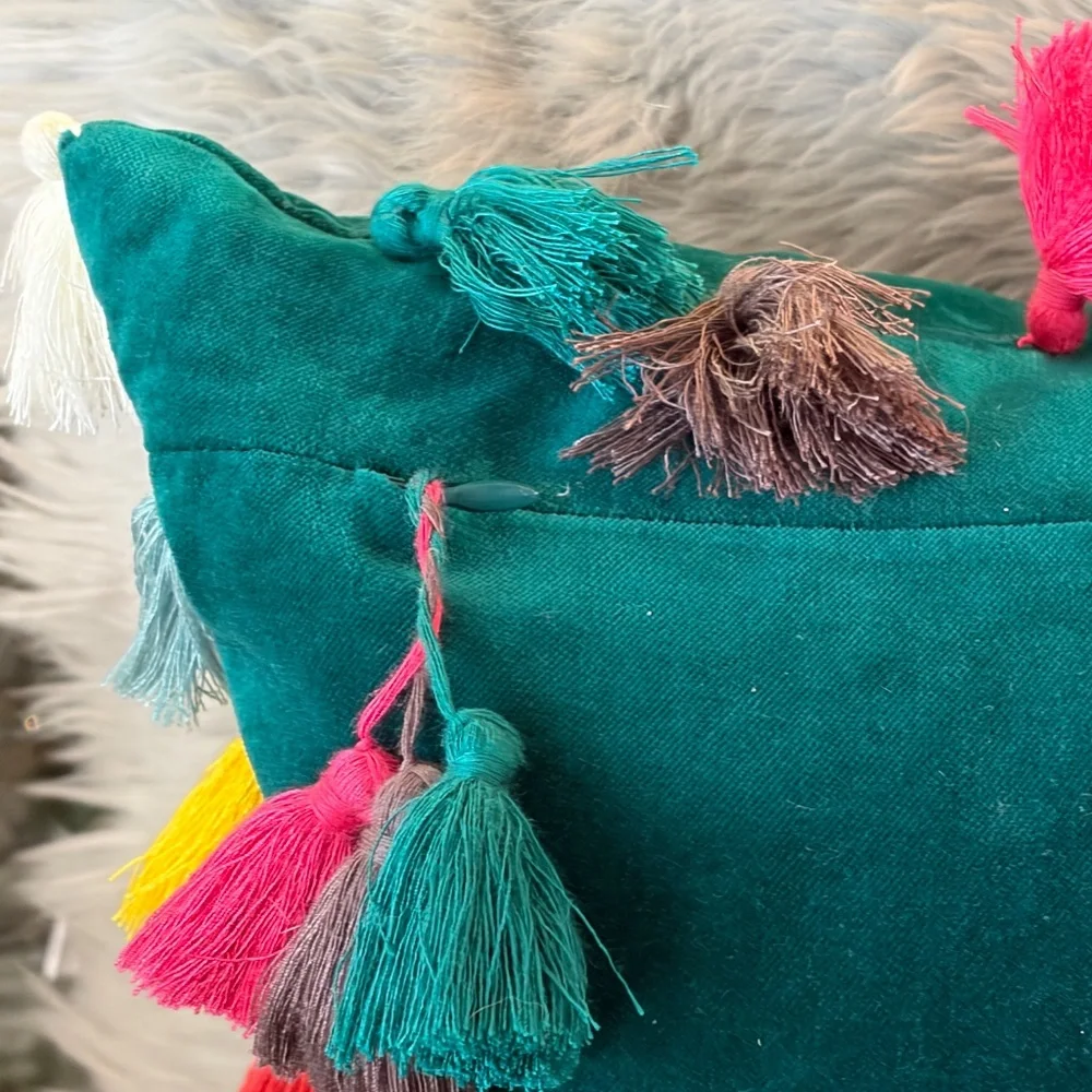 Anthropologie Green Velvet Tassel Throw Accent Pillow Down Insert 18 x 18 EUC